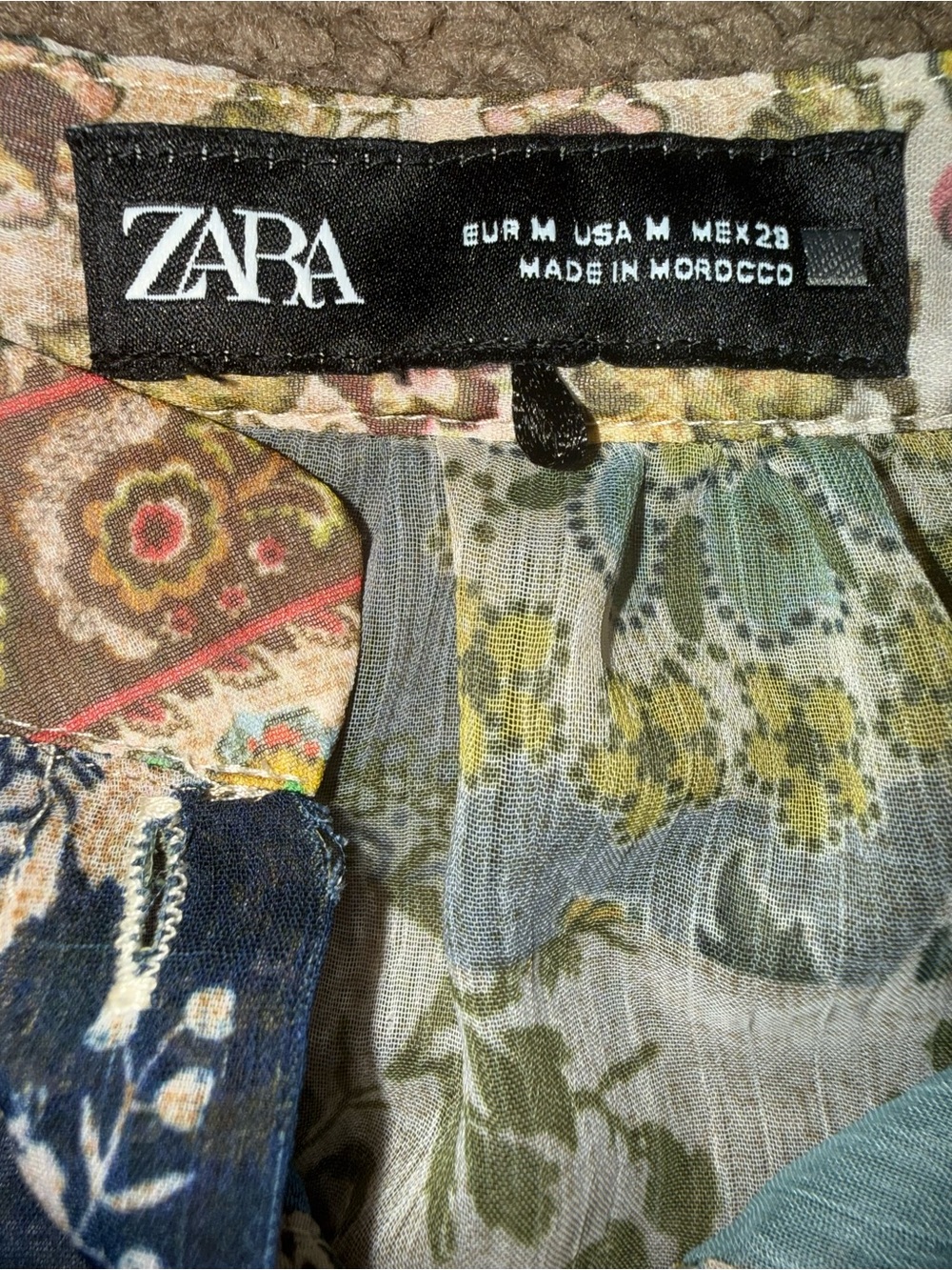 Zara Patchwork Floral Smocked Waist Dress in Blue, Cream & Brown - Picture 3 of 7